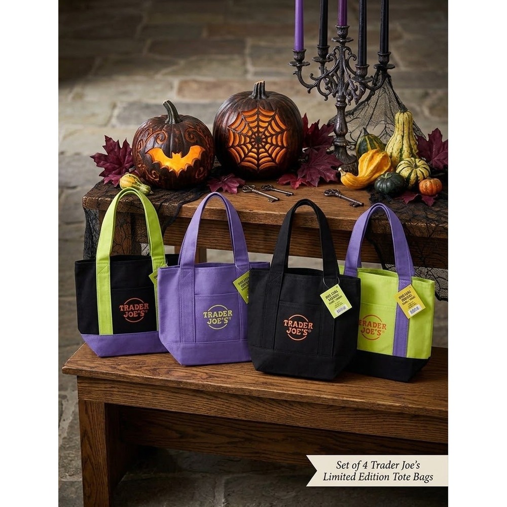 Trader Joe's Halloween Mini Canvas Tote Bags Set of 4 Black Purple Green NEW